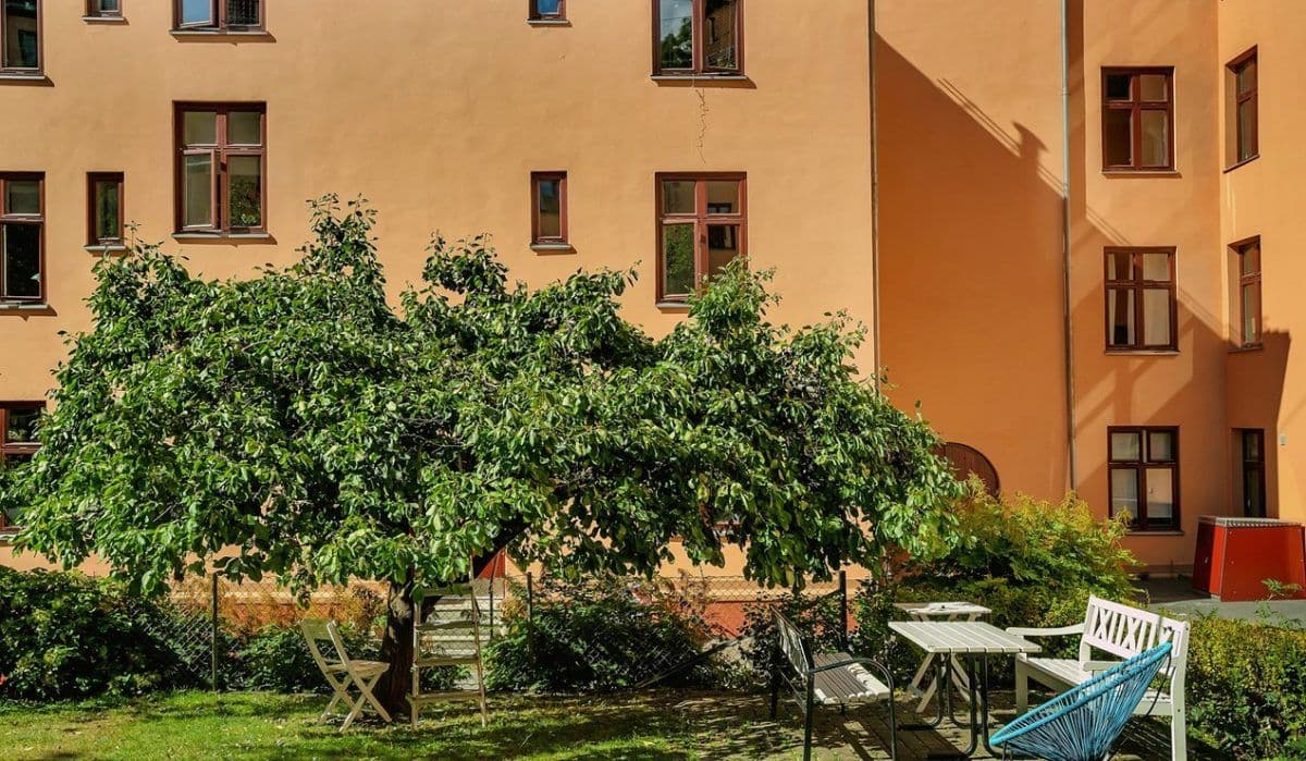 Et løvrikt tre står i en gressbevokst gårdsplass med utemøbler, inkludert stoler, en benk, et bord og en hengekøye, ved siden av en ferskenfarget boligblokk.