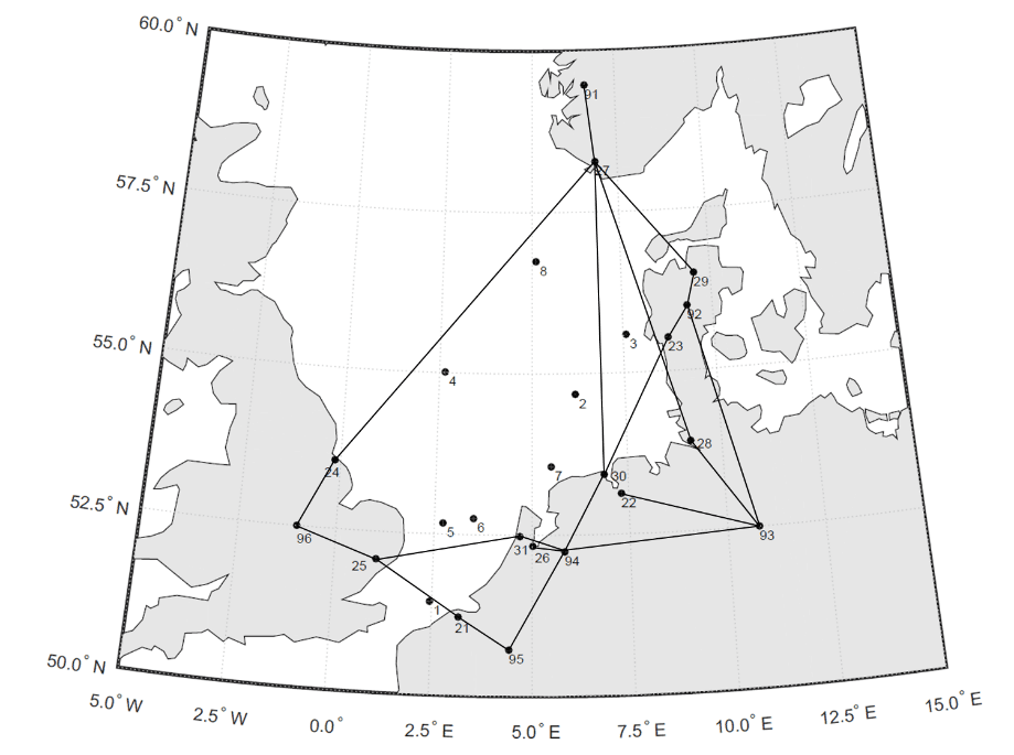 Figur 1 - Illustrasjonsbilde av modellverktøy som benyttes ved NTNU/SINTEF for å utføre investeringsanalyser i Nordsjøen. Figuren viser "base case" for år 2030. Kilde: NTNU, 2016