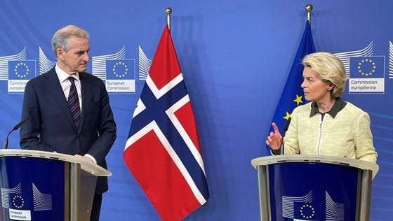 To personer, en mann og en kvinne, står ved podiet med eu og norske flagg bak seg på en pressekonferanse.