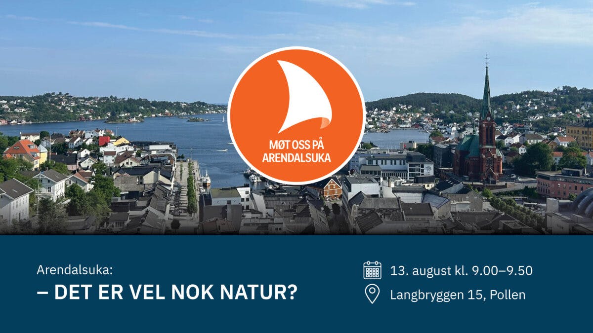 Bilde av Arendal med annonse for arrangement på Arendalsuka 13. august, fra 9.00 til 9.50, på Langbryggen 15, Pollenområdet.