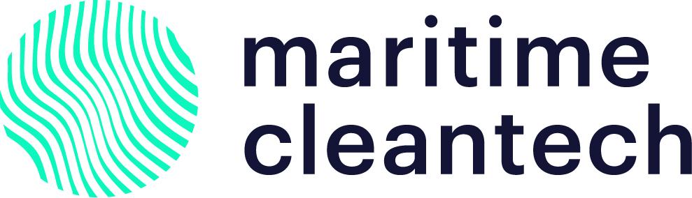 Logo for Maritime Cleantech med et sirkulært grønt bølgemønster til venstre og ordene "maritime cleantech" i fet, mørkeblå tekst til høyre.