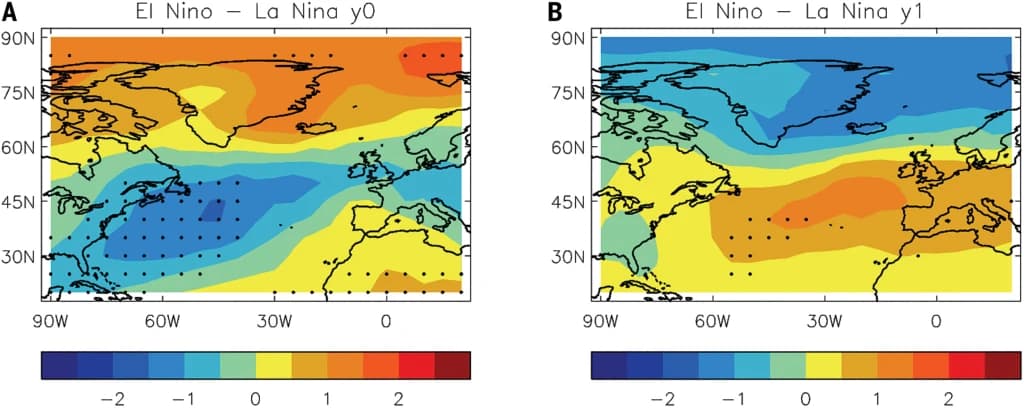 To kart som sammenligner El Niño-La Niña-effekter: Kart A (y0) og Kart B (y1). Fargekodet forklaring nedenfor viser et område fra -2 (blå) til 2 (oransje).