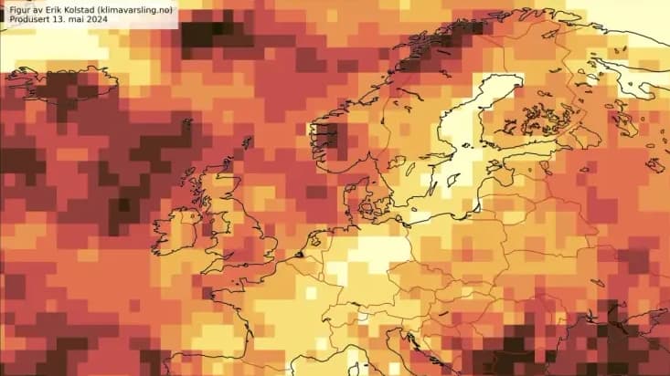 Et varmekart over Europa som indikerer varierende temperaturintensiteter på tvers av regioner, med mørkere områder som representerer høyere temperaturer.