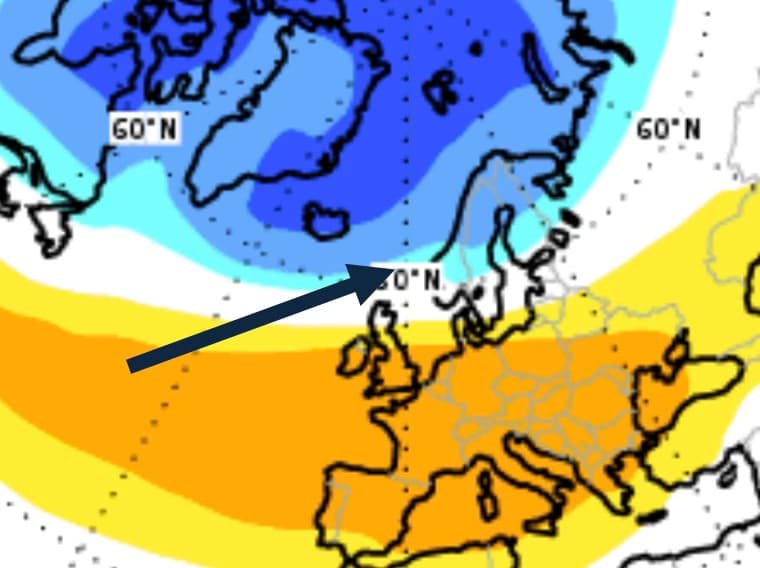 Værkart som viser temperaturvariasjoner i Europa, med blått som indikerer kjøligere og oransje varmere områder. En pil peker på et bestemt område i Nord-Europa.