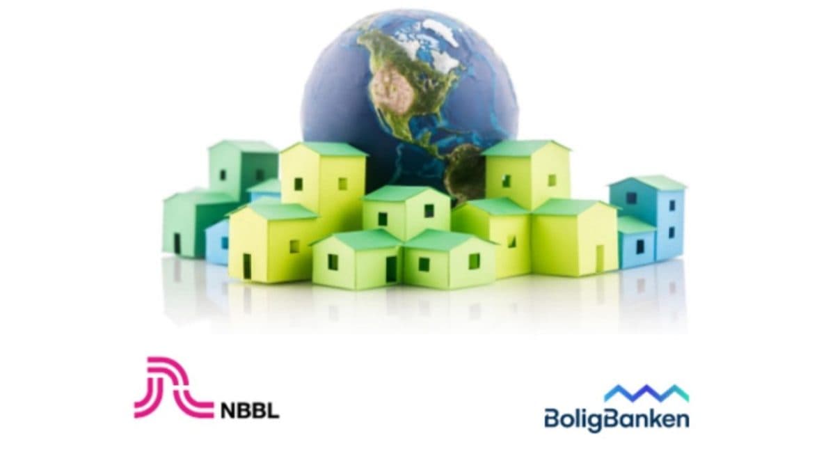 Illustrasjon av en globus bak grønne og blå hus. NBBL og BoligBanken logoer er nederst.