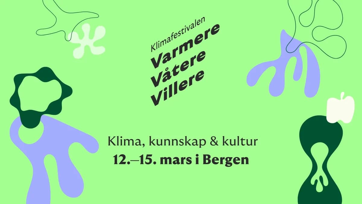 Grønn bakgrunn med abstrakte former, tekst på norsk: "Klimafestivalen Varmere Våtere Villere. Klima, kunnskap & kultur 12.–15. mars i Bergen.