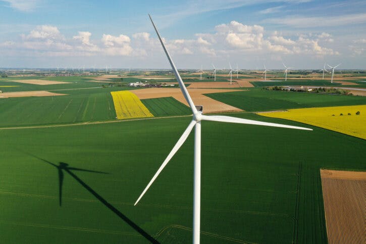 FILE PHOTO: An aerial view shows power-generating windmill turbines in a wind farm in Graincourt-les-Havrincourt