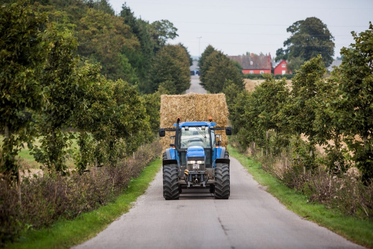 traktor transporterer halm på vei
