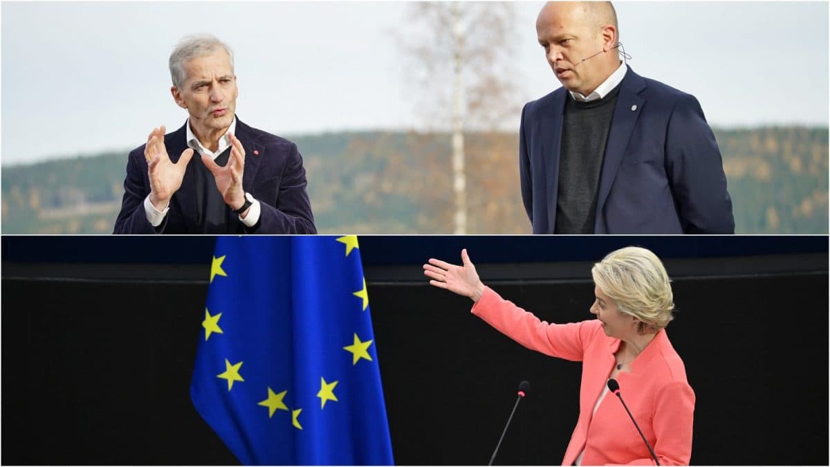 todelt bilde støre og vedum sammenstilt med von der leyen