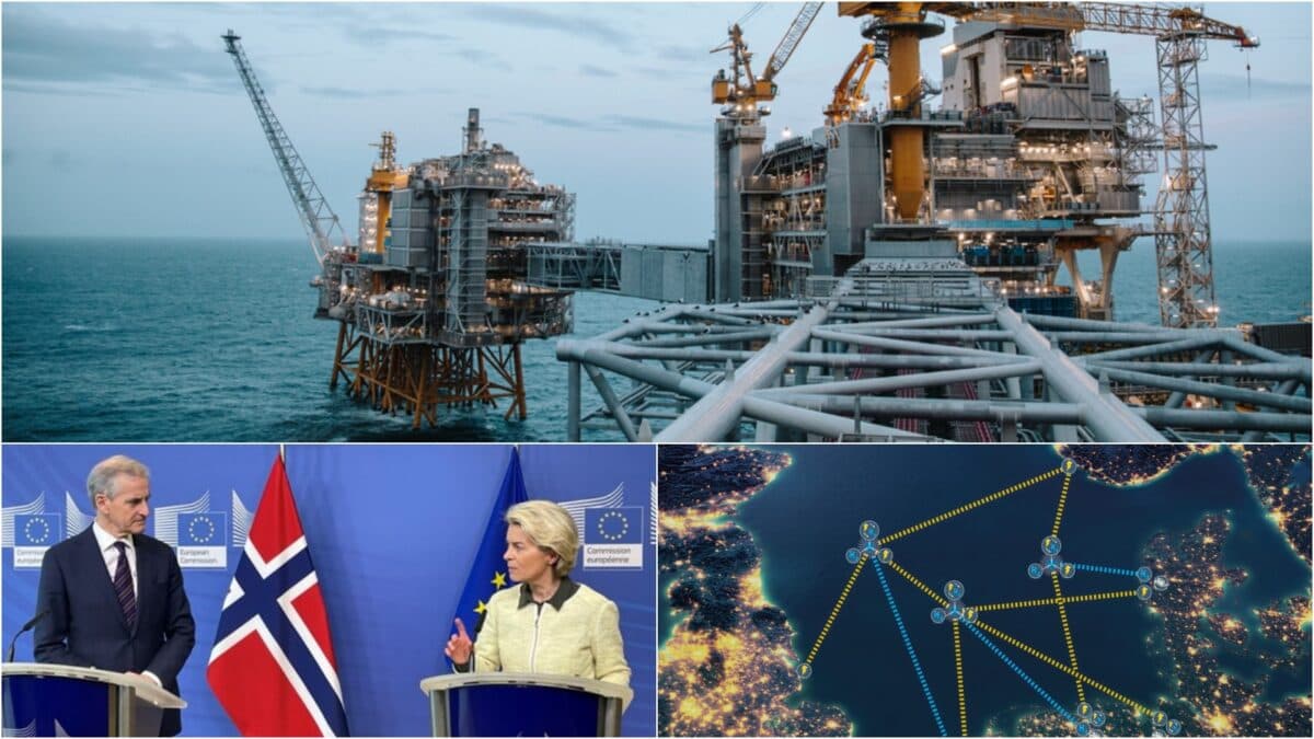 Tredelt bilde: Oljeplattform i Nordsjøen, Jonas Gahr Støre og Ursula von der Leyen, kartskisse av kraftsystem i Nordsjøen
