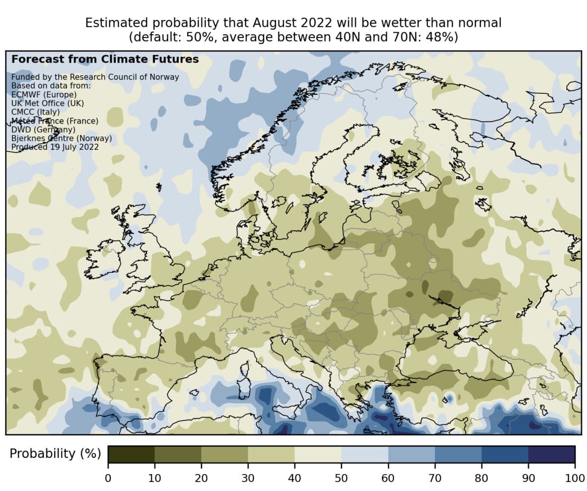 europakart med klimavarsel for nedbør august 2022