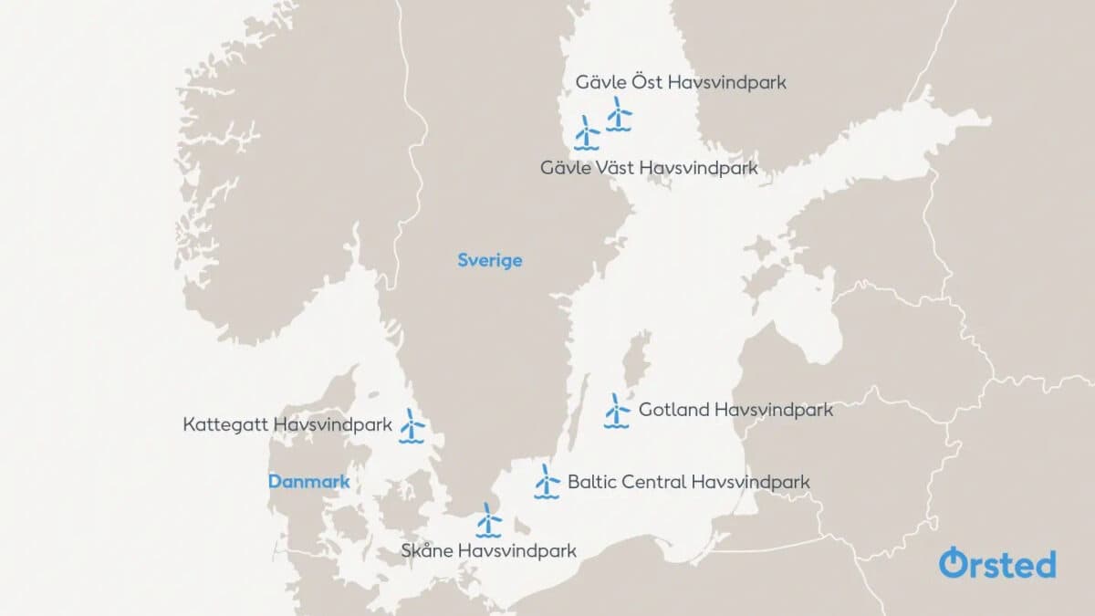 Kar over Sverige med inntegnede havvindparker