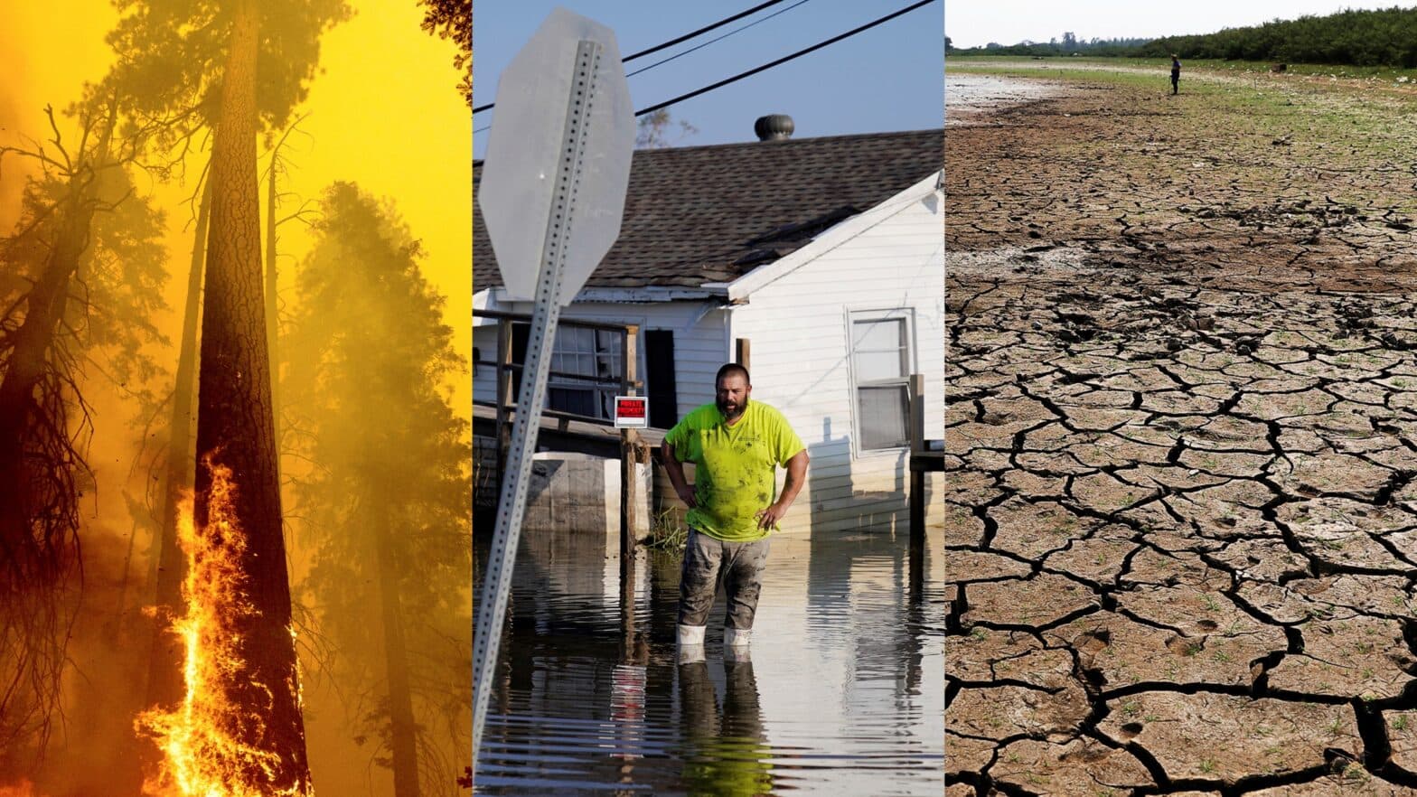 Tre bilder sammenstilt av skogbrann, mann foran flomrammet hus, inntørket innsjø.