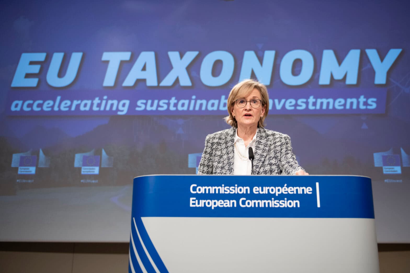 Mairead McGuinness, European Commissioner for Financial Services, Financial Stability, and Capital Markets Union, holds a press conference on taxonomy, following the weekly meeting of the von der Leyen Commission in Brussels.