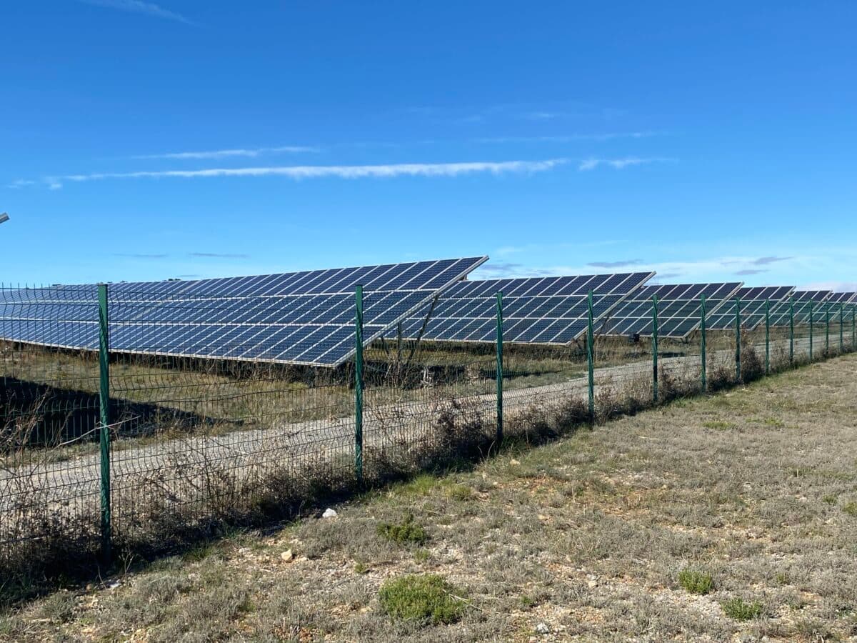 Solcellepaneler på et felt med blå himmel.