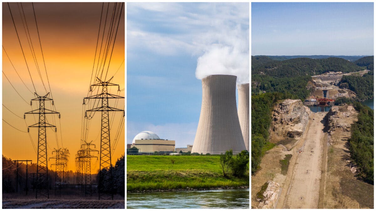 En collage av bilder av kraftverk og en elv.