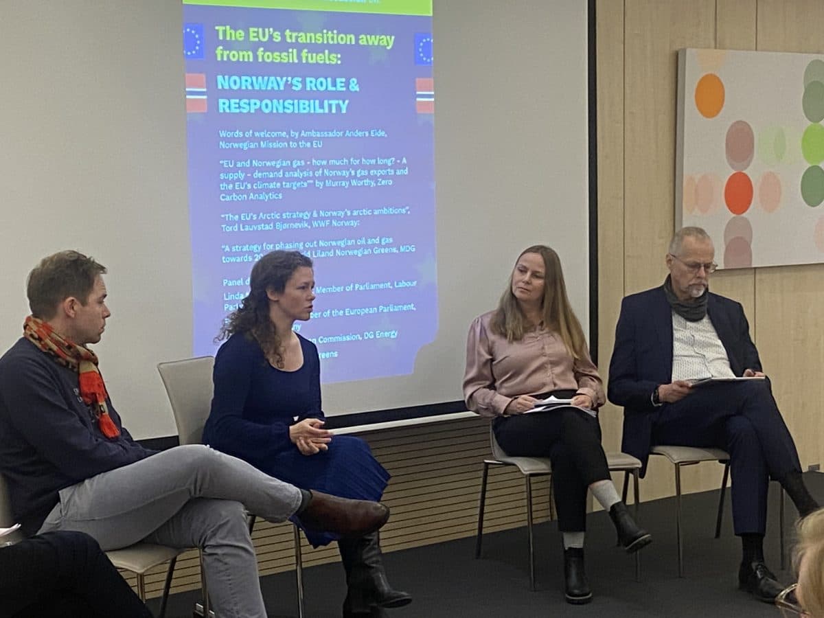 Fire personer sitter i et panel som diskuterer EUs overgang fra fossilt brensel. En skjerm viser tittelen "Norges rolle og ansvar.