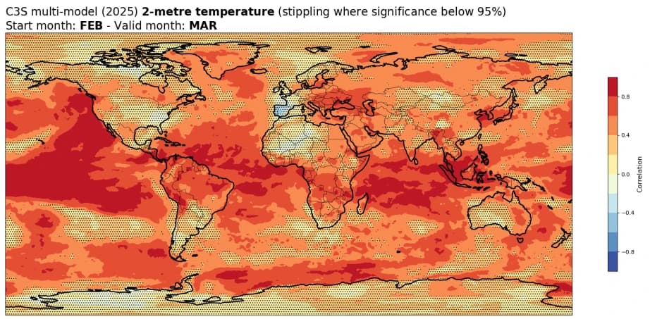 Verdenskart som viser anslåtte 2-meters temperaturavvik i 2025, med varierende nyanser av oransje til rødt som indikerer temperaturøkninger og områder med stipling for signifikans under 95 %.