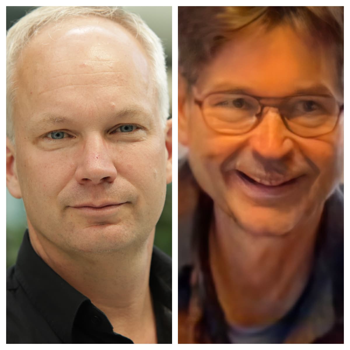 Side om side-bilder av to menn: den venstre mannen er skallet med et nøytralt uttrykk, mens den høyre mannen har briller, brunt hår og smiler.