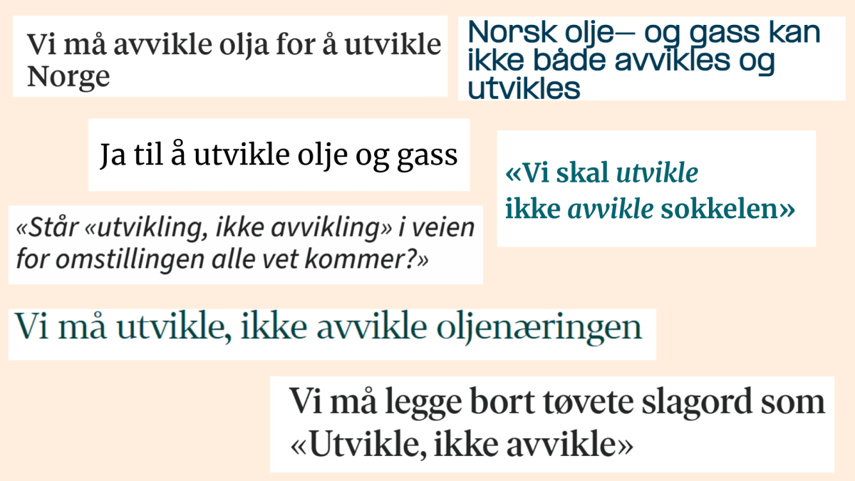 Ulike fraser der uttrykket "utvikle, ikke avvikle" er brukt. Eksempler fra avisene.