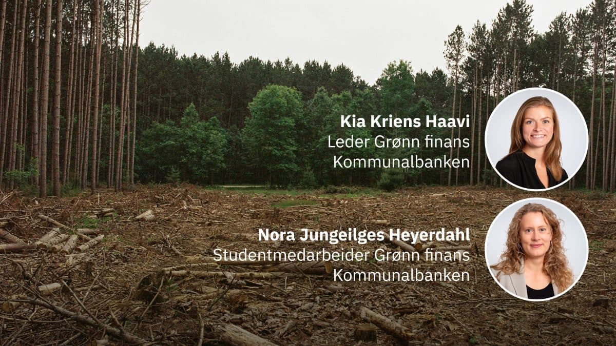Et avskoget område med to profilbilder og navn: Kia Kriens Haavi, Leder Grønn Finans; Nora Jungeilges Heyerdahl, Studentassistent Grønn Finans, Kommunalbanken.