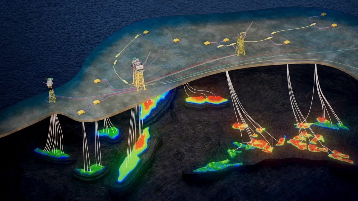 Illustrasjon av en offshore oljeplattform med undervannsbrønner og rørledninger som utvinner olje fra reservoarene under havbunnen.