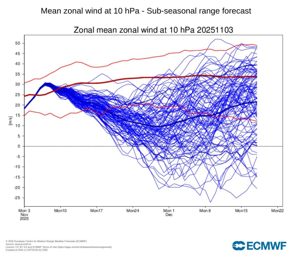 Linjediagram som viser gjennomsnittlig sonevind ved 10 hPa fra november 2025 til februar 2026, med flere prognoseensembler i blått og historiske verdier i rødt. ECMWF-logo nederst til høyre.
