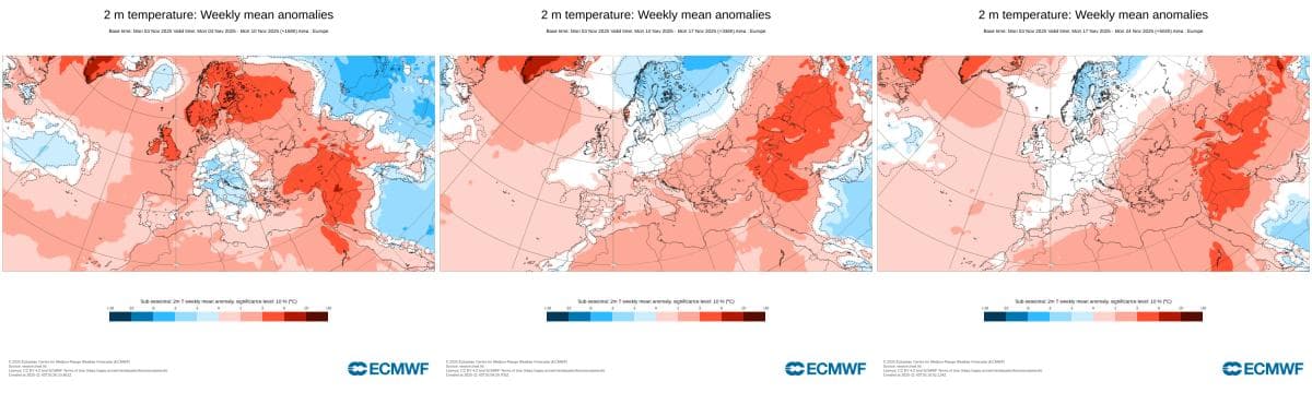 Tre kart over Europa som viser ukentlige gjennomsnittlige temperaturavvik med ulike nyanser av rødt og blått, som representerer temperaturforskjeller fra normalområdet.