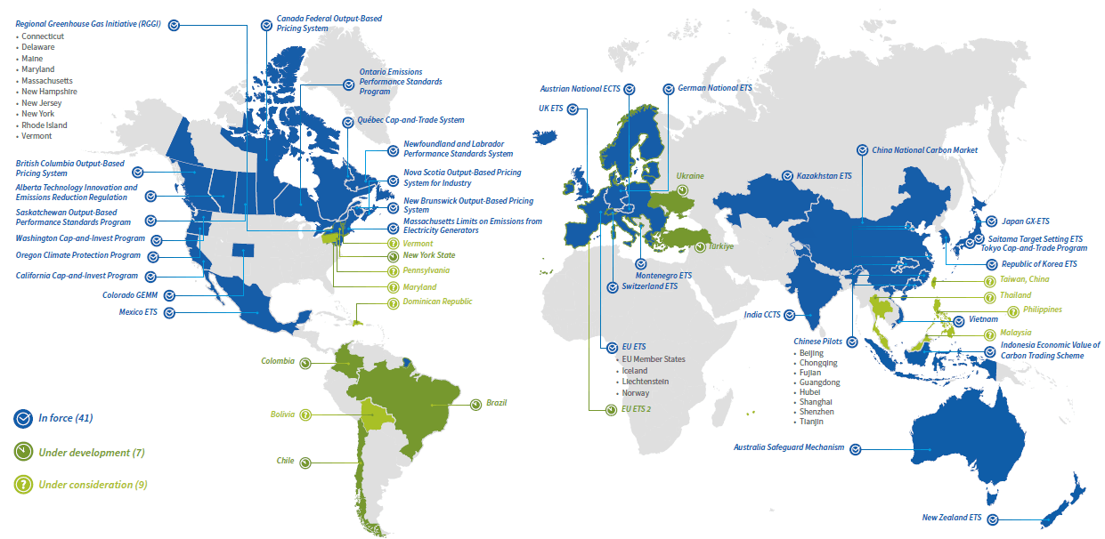 World map illustrating global carbon pricing initiatives